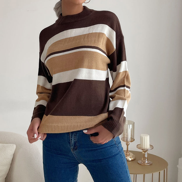 Damen Langärmliger Ringel-Feinstrickpullover mit kurzem Stehkragen und legerer Silhouette Drune