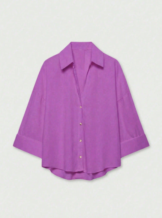 Damen Leichte Oversize Leinenoptik Bluse mit Dreiviertelärmeln und durchgehender Knopfleiste Drune