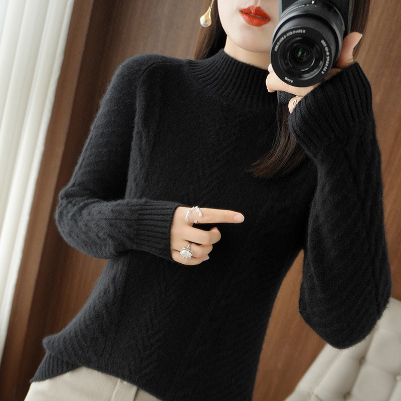 Damen Leichter Mohair‑Look Stehkragenpullover mit Zopf‑Ajour und taillierter Silhouette Drune