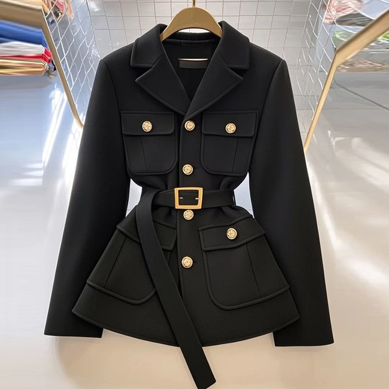 Damen Modischer Blazer mit Taillengürtel und Taschen Drune
