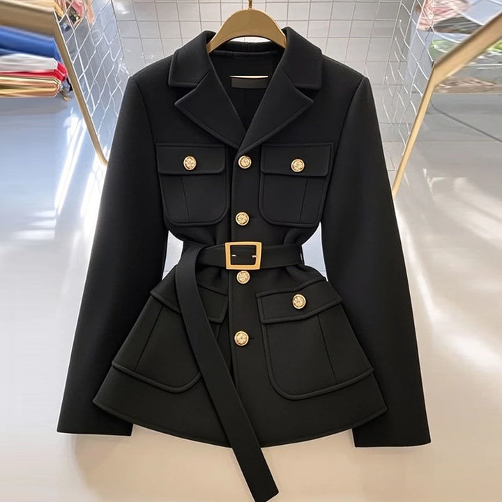 Damen Modischer Blazer mit Taillengürtel und Taschen Drune