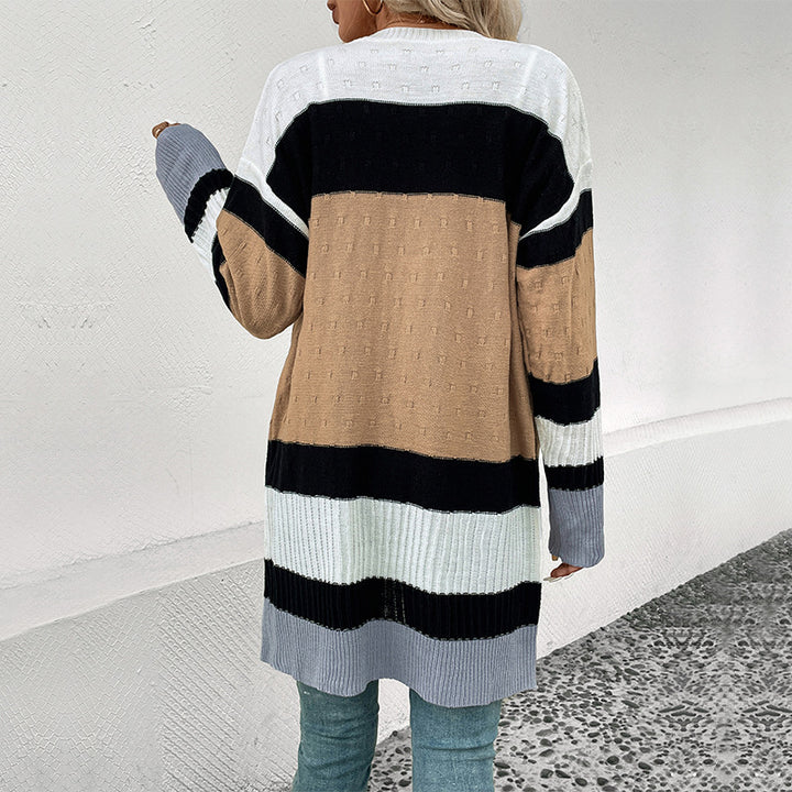 Damen Langer Gestreifter Strickcardigan mit aufgesetzten Taschen und offener Front Drune