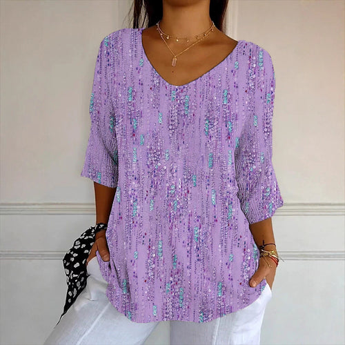 Damen V-Ausschnitt Bluse mit buntem Muster und lockerer Passform Drune