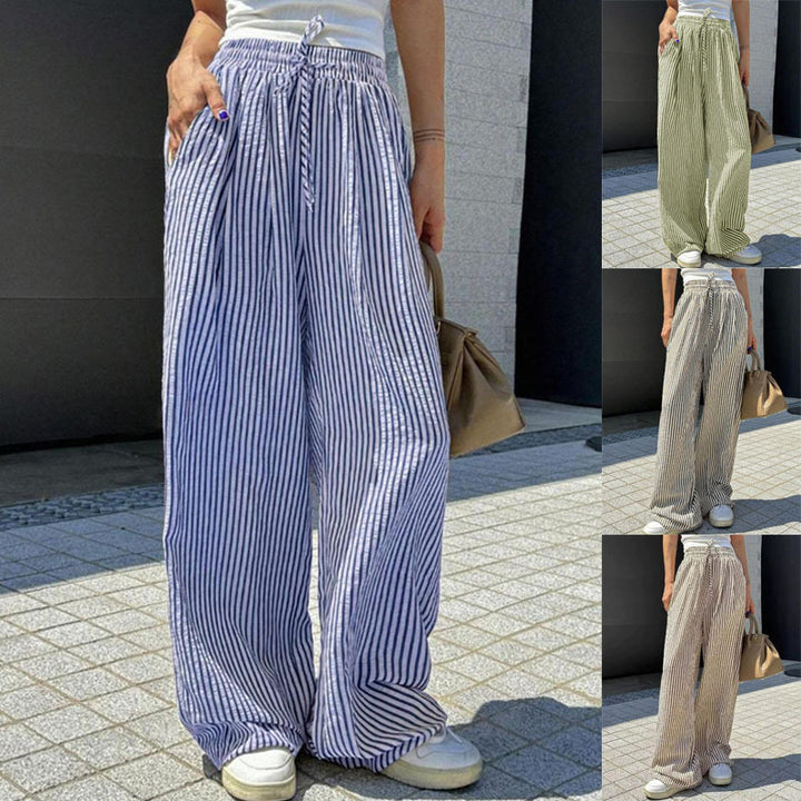Damen Marlene-Streifenhose aus Leinenmix mit weitem Bein, Elastikbund und Kordelzug Drune