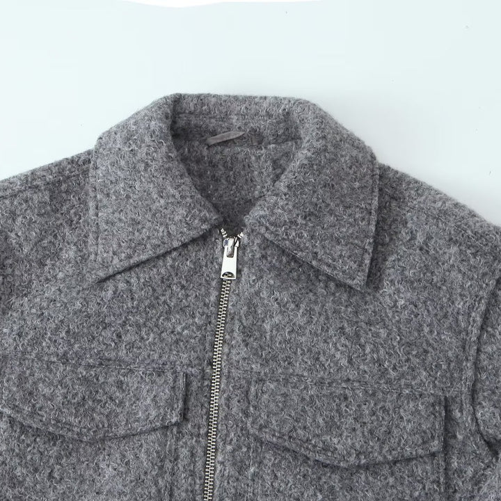 Damen nan kurzgeschnittene kastige Wollmix Jacke mit Reißverschluss Hemdkragen und aufgesetzten Pattentaschen Drune