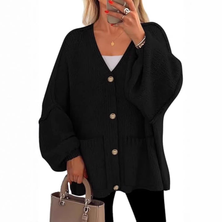 Damen Oversize Strickcardigan mit V-Ausschnitt, goldenen Zierknöpfen und aufgesetzten Taschen Drune