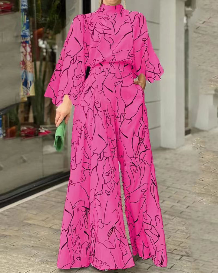 Damen Eleganter Longline Jumpsuit mit Stehkragen, Ballonärmeln und Seitentaschen Drune