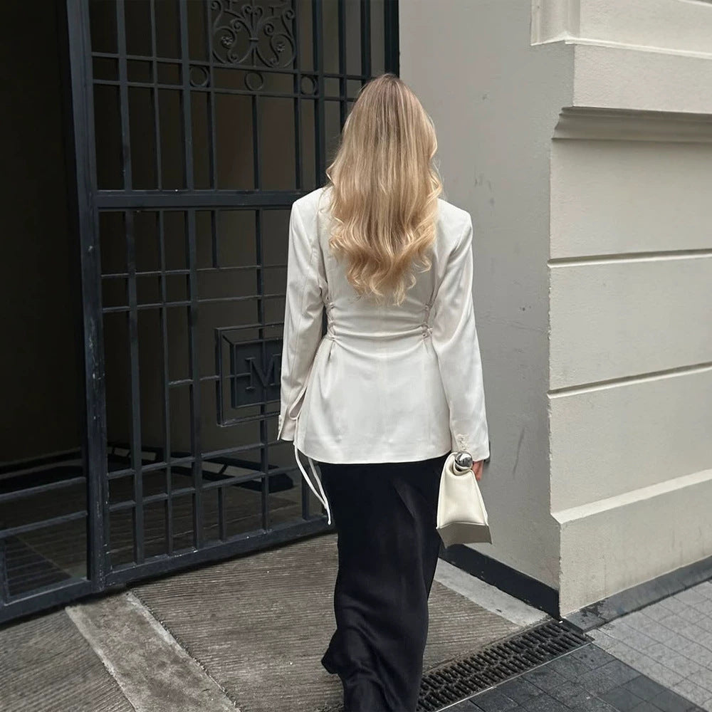 Damen taillierter Blazer mit tiefem V‑Ausschnitt, Zipperfront und Kordelzug-Detail Drune