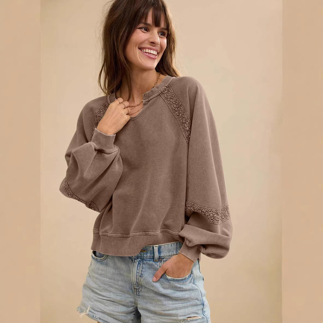 Damen Lässiges Sweatshirt mit V-Notch, Spitzeneinsätzen und Ballonärmeln Drune