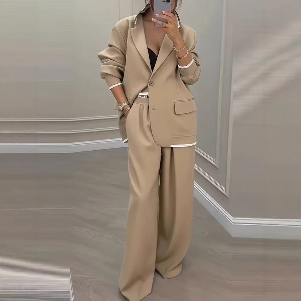 Damen Oversize-Tailoring-Set mit Kontrastpaspel, Single-Button-Blazer und hochgeschnittener Weitbeinhose Drune