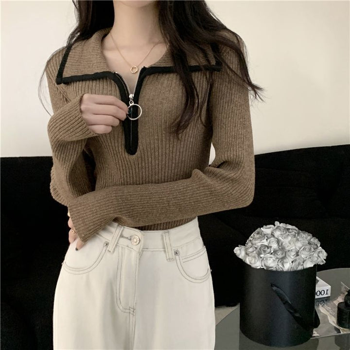 Damen modischer Zip-Pullover mit Rippstruktur Drune