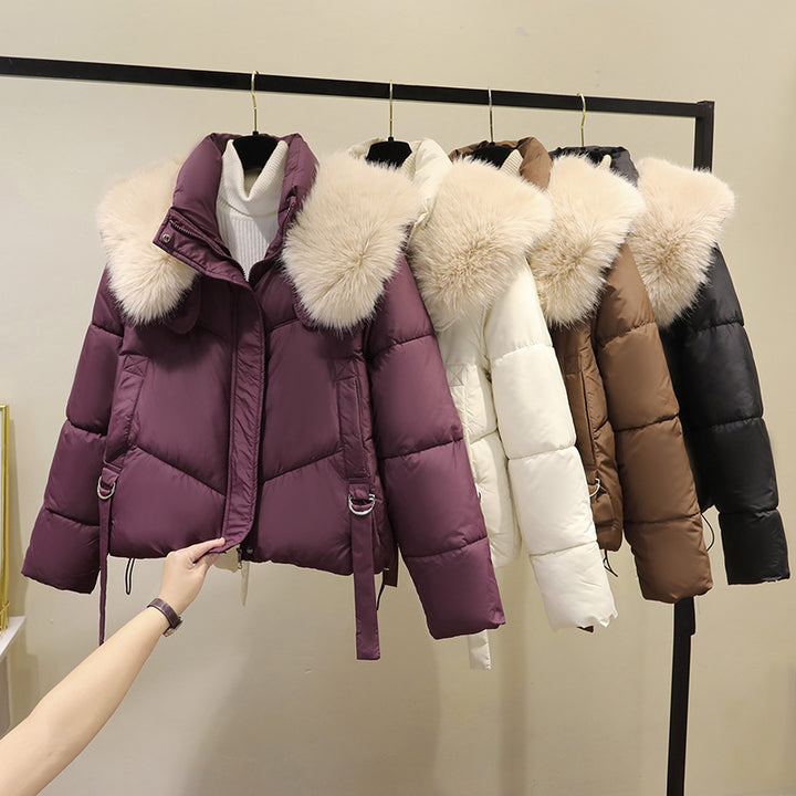 Damen nan kurzer gesteppter Puffer mit voluminösem Webpelzkragen und Taillenriemen Drune