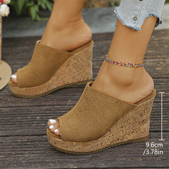 Damen Wedge-Pantoletten aus samtigem Material mit Korksohle Drune