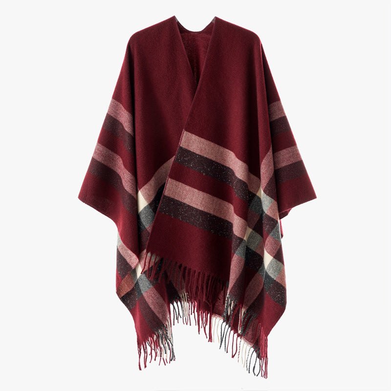 Damen Wollmix-Capeponcho im Oversize-Kimono mit Karomuster und Fransensaum Drune