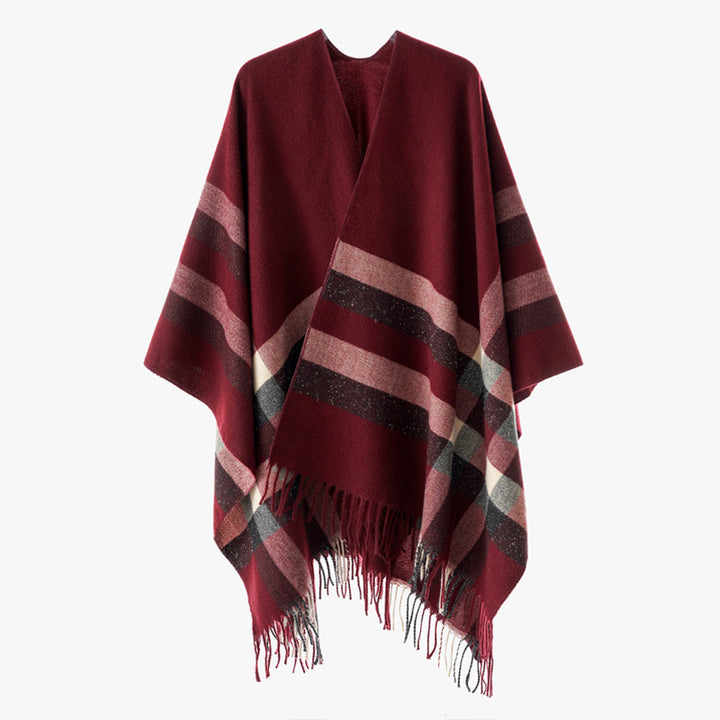 Damen Wollmix-Capeponcho im Oversize-Kimono mit Karomuster und Fransensaum Drune