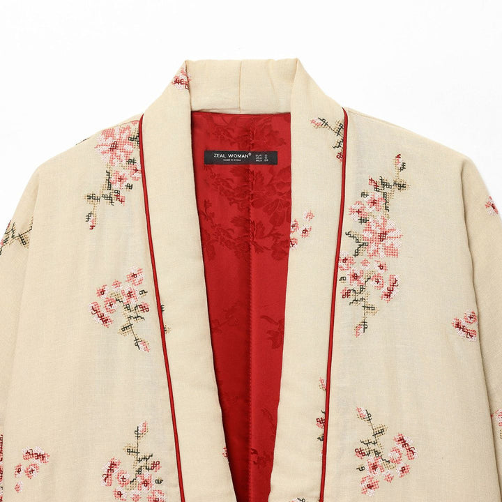 Damen Kimono mit floraler Stickerei und elegantem Taillengürtel Drune