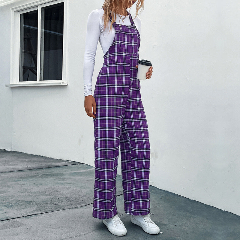 Damen Lässiger Karierter Jumpsuit mit breitem Bein und verstellbaren Trägern Drune