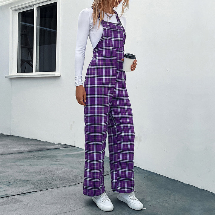 Damen Lässiger Karierter Jumpsuit mit breitem Bein und verstellbaren Trägern Drune