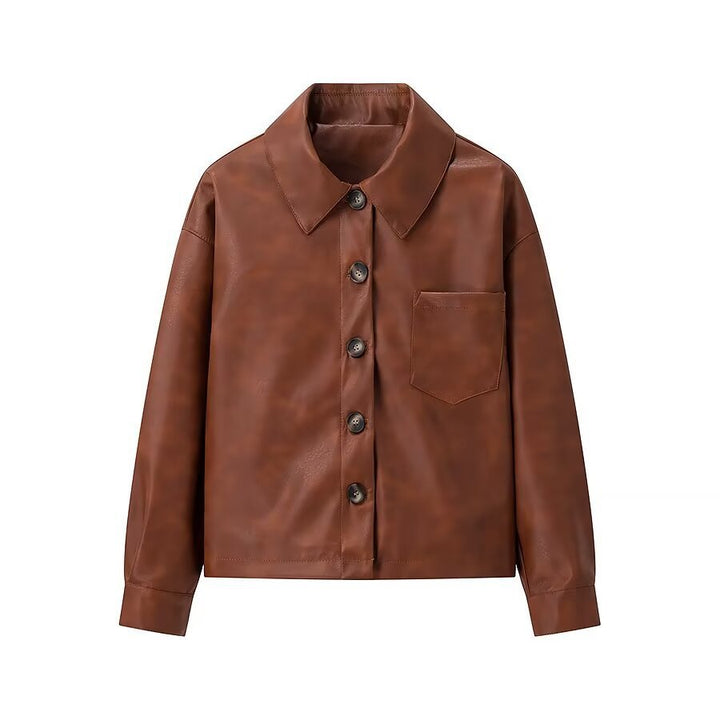 Damen Overshirt-Jacke in Lederoptik mit aufgesetzter Brusttasche und verdeckter Knopfleiste Drune