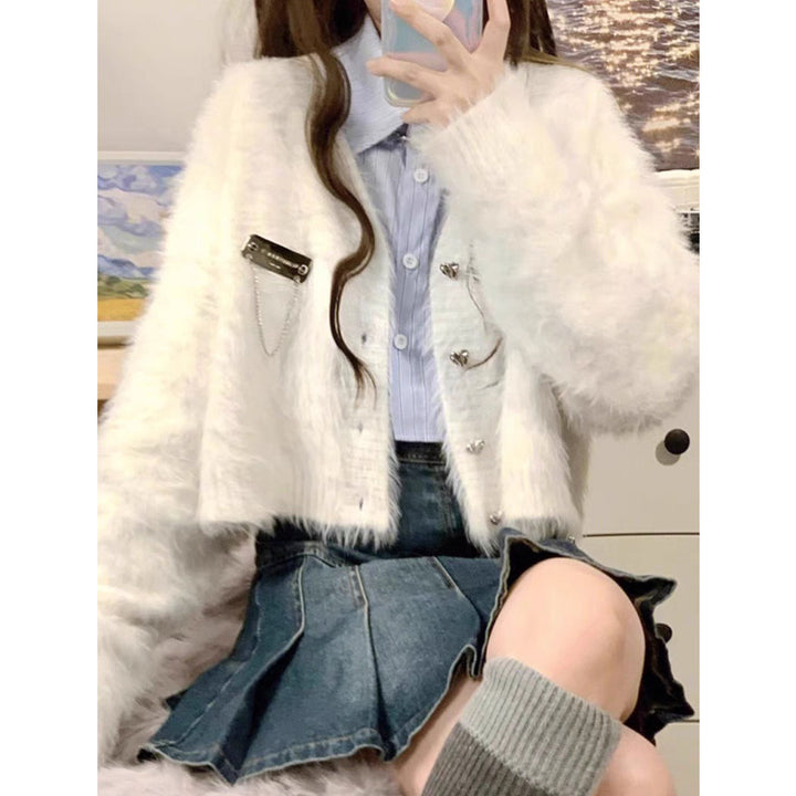 Damen flauschige Kurzjacke mit Knopfdesign und elegantem Schnitt Drune