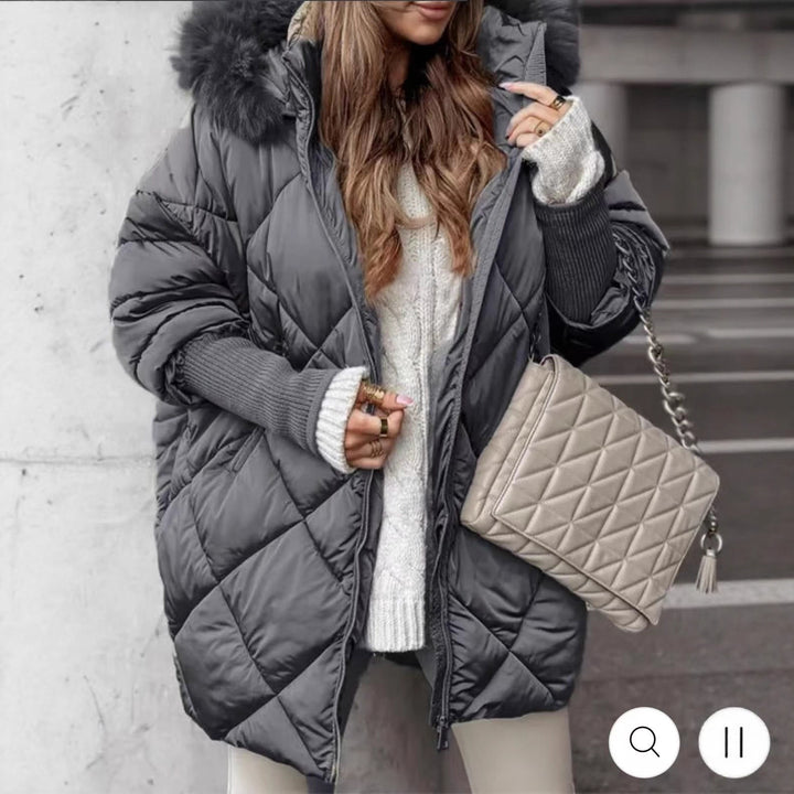 Damen langer gesteppter Winterparka mit großer Kapuze und Kunstfellbesatz Drune