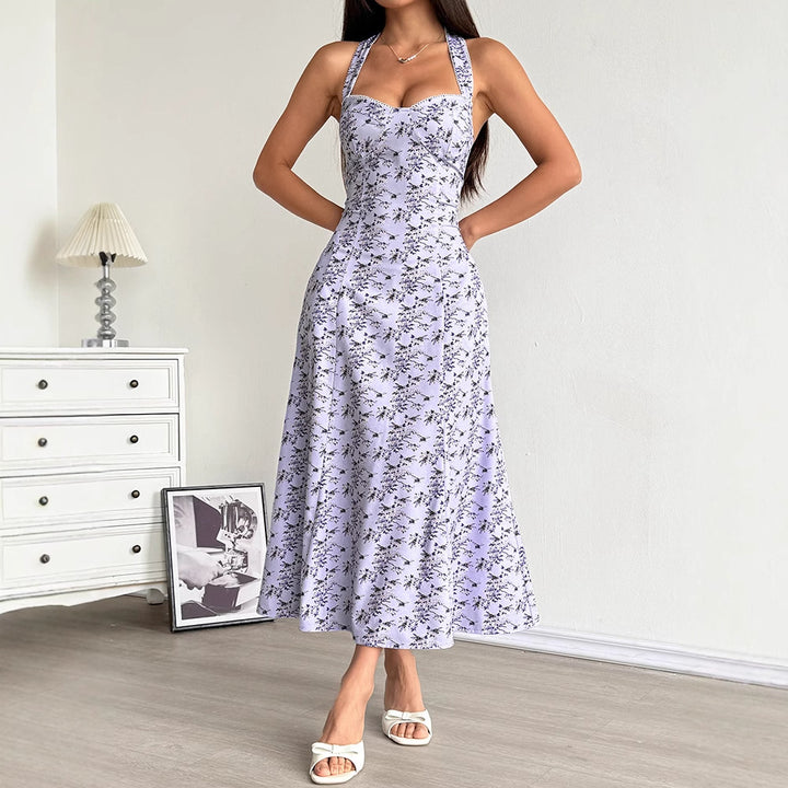 Damen Sommerliches Maxikleid mit floralem Halterdesign und seitlichem Schlitz Drune