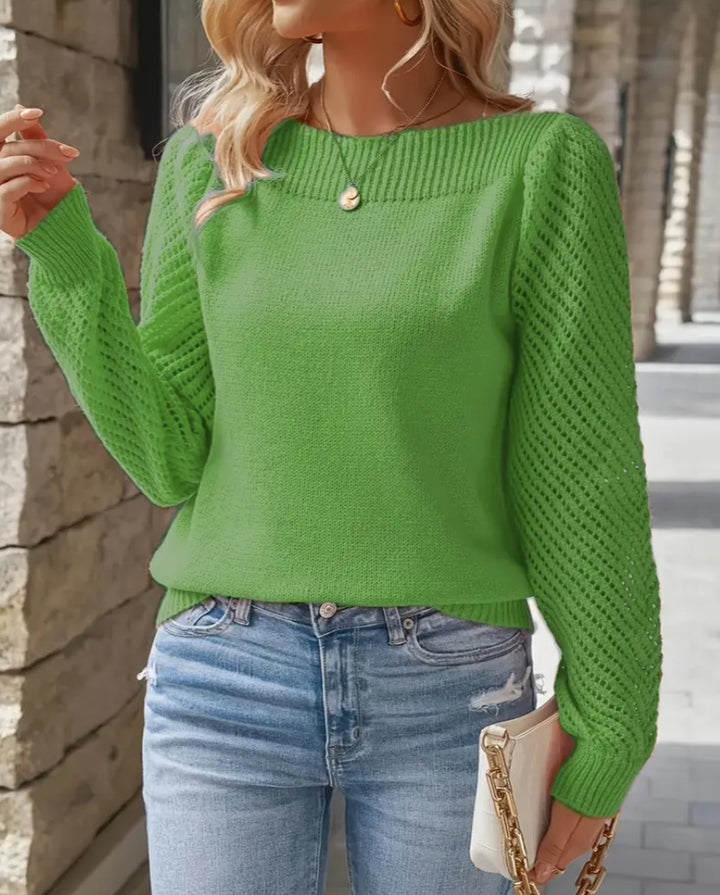 Damen nan feiner Strickpullover mit Ajour- Puffärmeln und U-Boot-Ausschnitt Drune