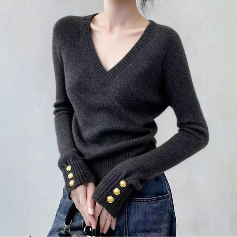 Damen feiner V-Ausschnitt Pullover mit eleganten Knopfdetails Drune