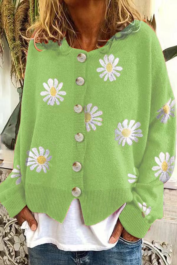 Damen Oversize Strickcardigan mit Knopfleiste und Gänseblümchen-Print Drune