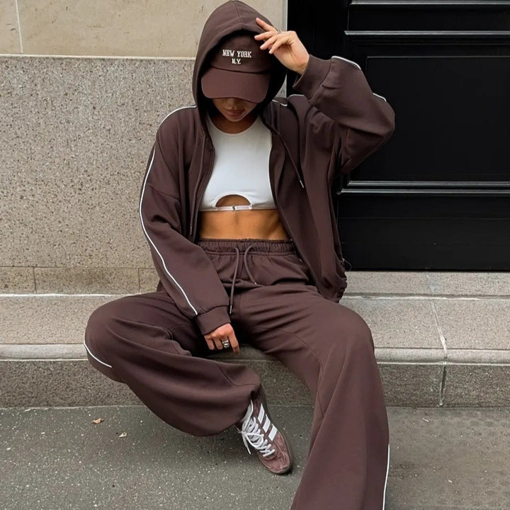 Damen Lässiges Zweiteiliges Sweatset mit Kapuzenjacke und weitem Bundfalten Jogginghose Drune