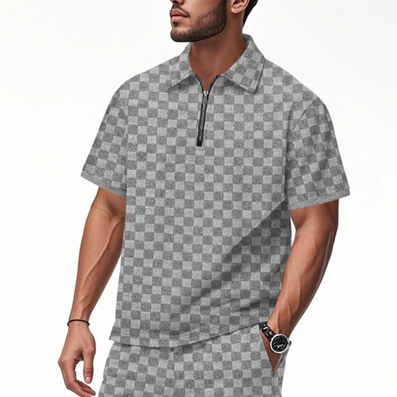 Herren nan kurzes Halbzip-Poloshirt aus strukturierter Waffelpiqué mit Hemdkragen und figurbetonter Passform Drune