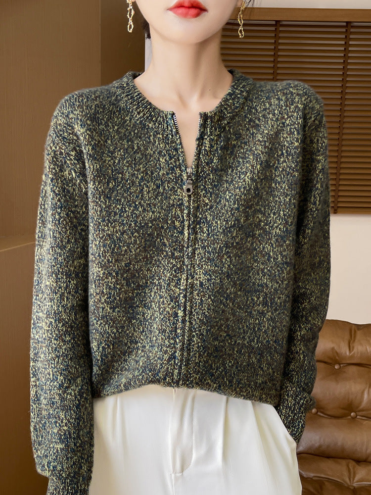Damen Melierter Reißverschluss-Cardigan mit Zwei-Wege-Zipper und gerippten Bündchen Drune