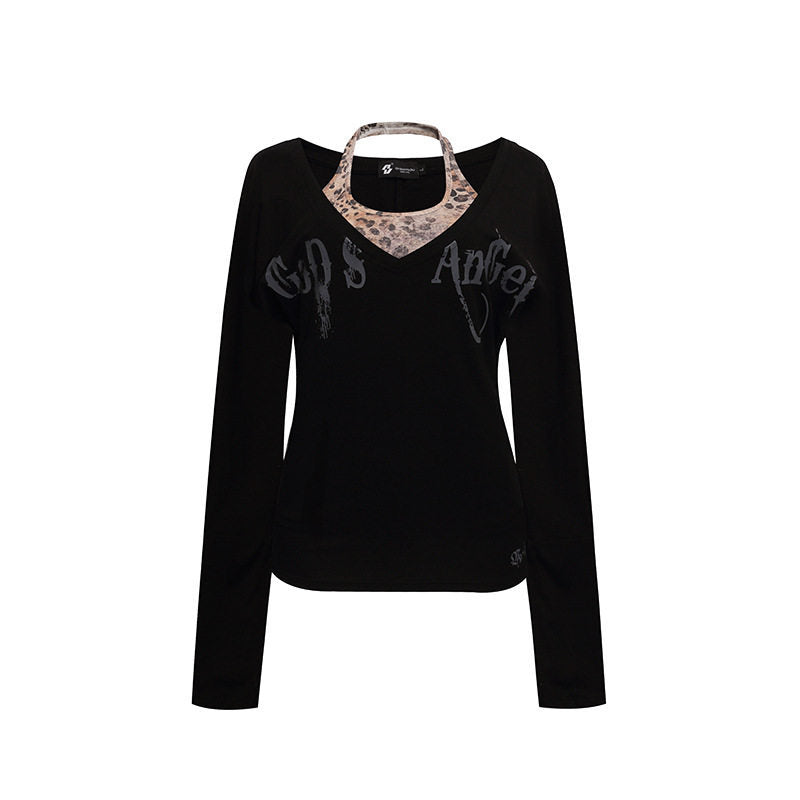 Damen Lagen-Langarmshirt mit integriertem Neckholder und Vintage-Grafik Drune