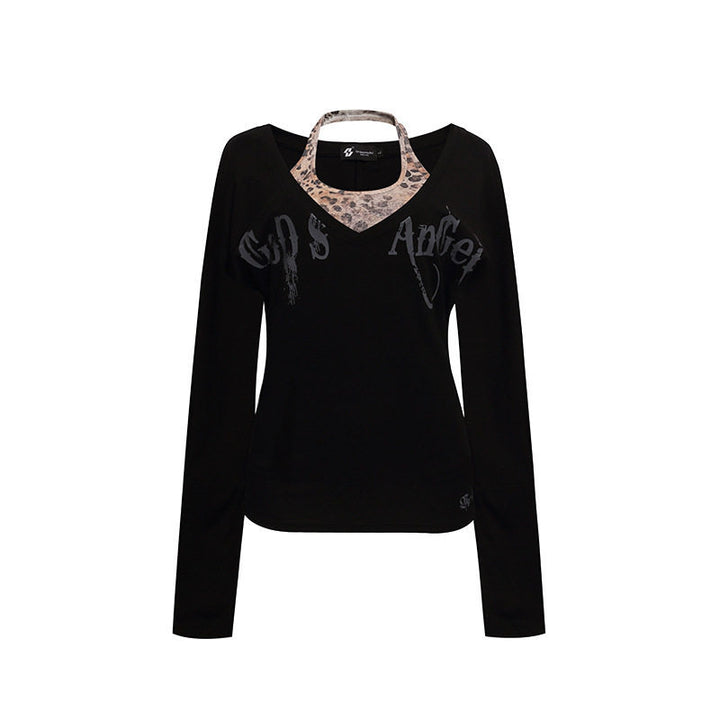 Damen Lagen-Langarmshirt mit integriertem Neckholder und Vintage-Grafik Drune