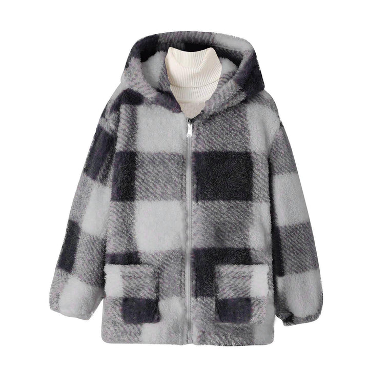 Damen Fleecejacke mit kariertem Muster und praktischen Taschen Drune