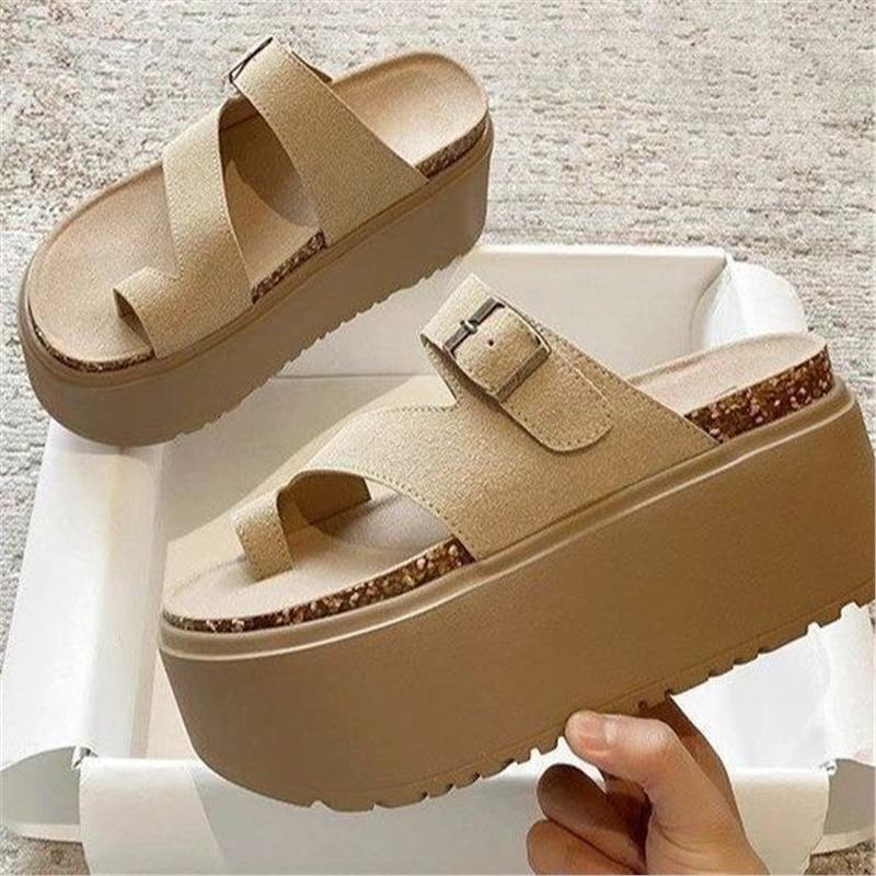 Damen Plateau-Sandalen mit Zehensteg, Kork‑Fußbett und verstellbarer Schnalle Drune