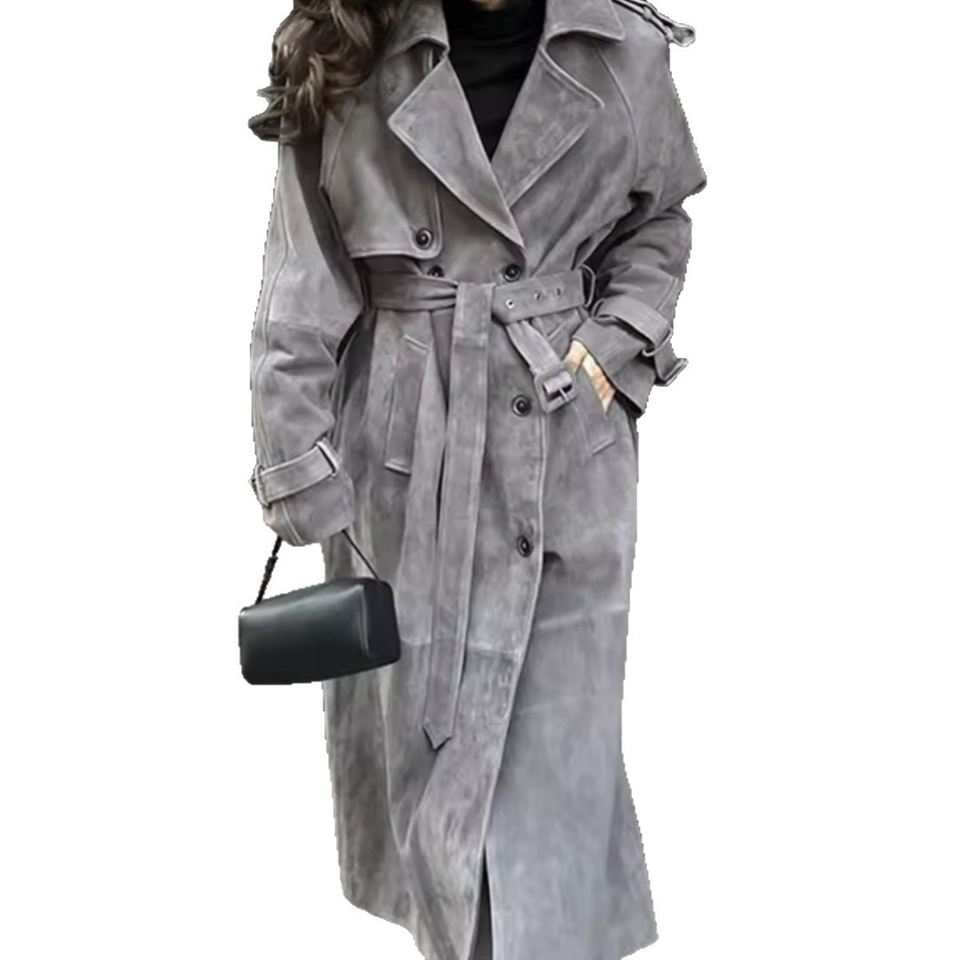 Damen stylische Midi-Trenchcoatjacke mit Bindegürtel und praktischen Taschen Drune