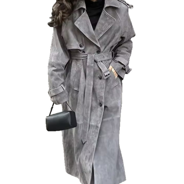 Damen stylische Midi-Trenchcoatjacke mit Bindegürtel und praktischen Taschen Drune