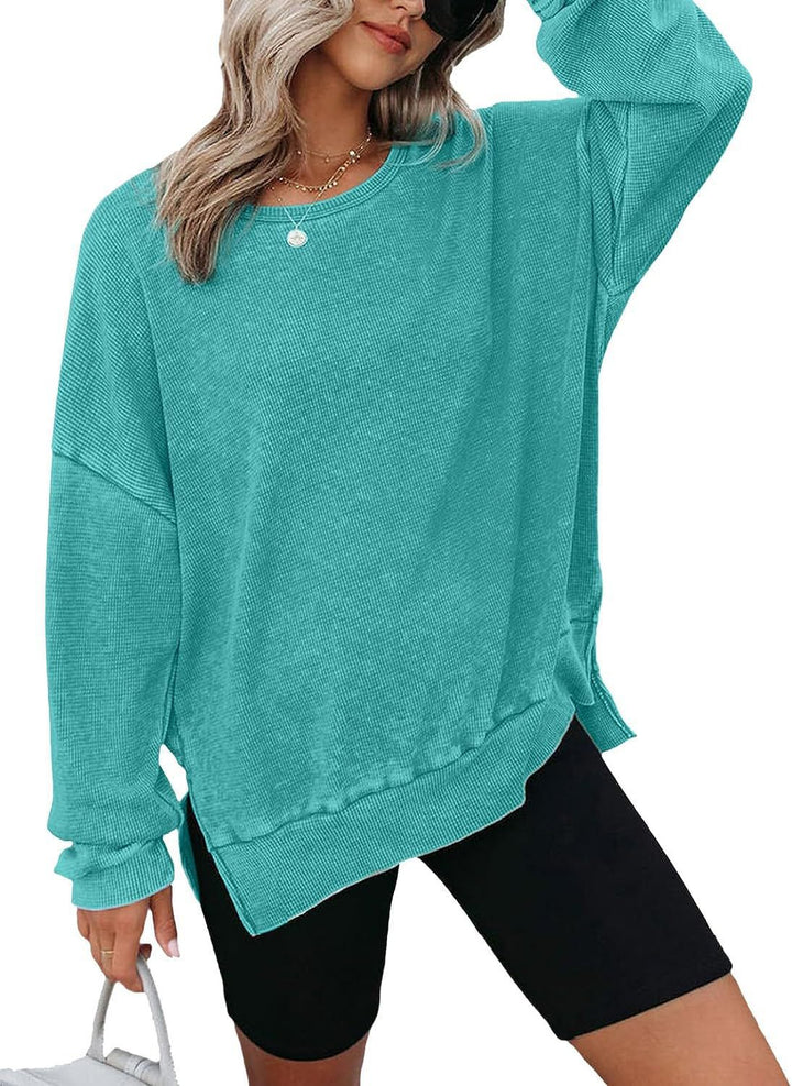 Damen Lässiger Waffelpullover mit modernen Seitenschlitzen Drune