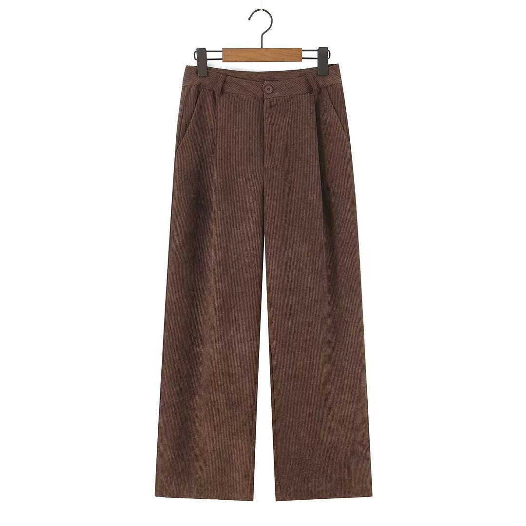 Damen Hochtaillierte Cordhose mit weitem Bein und Bundfalten Drune