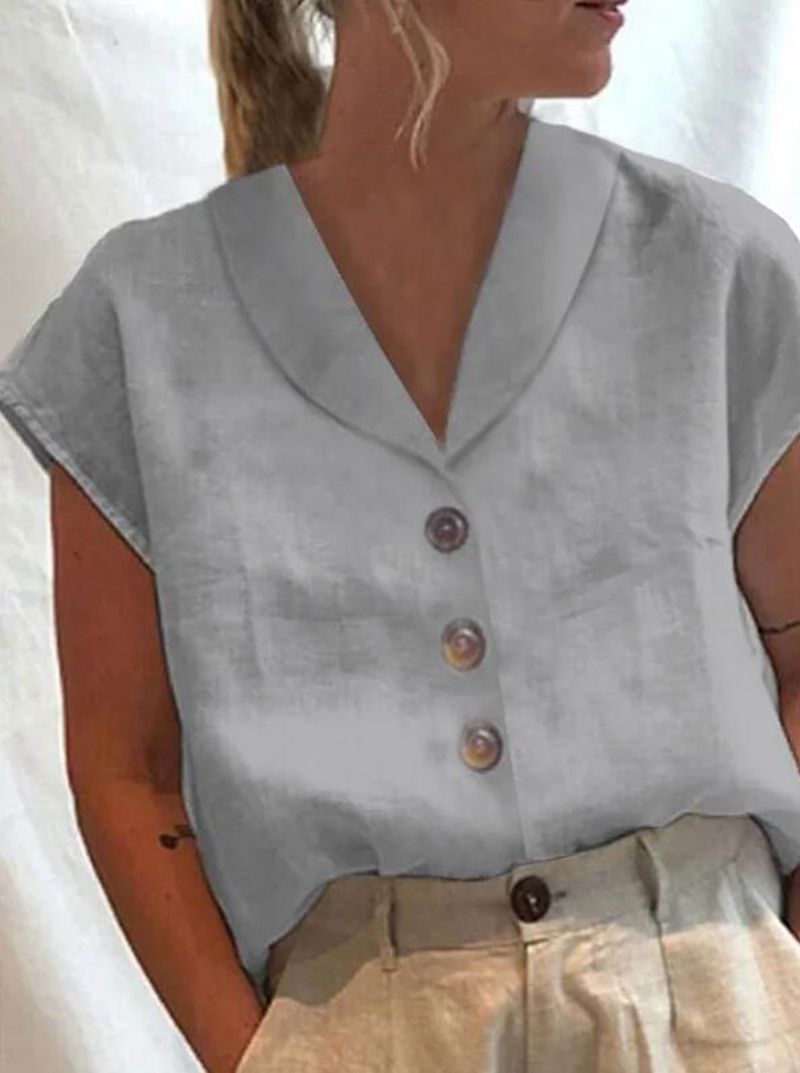 Damen nan luftige Leinenbluse mit weitem V-Kragen, überschnittener Schulter und Zierknopfleiste Drune