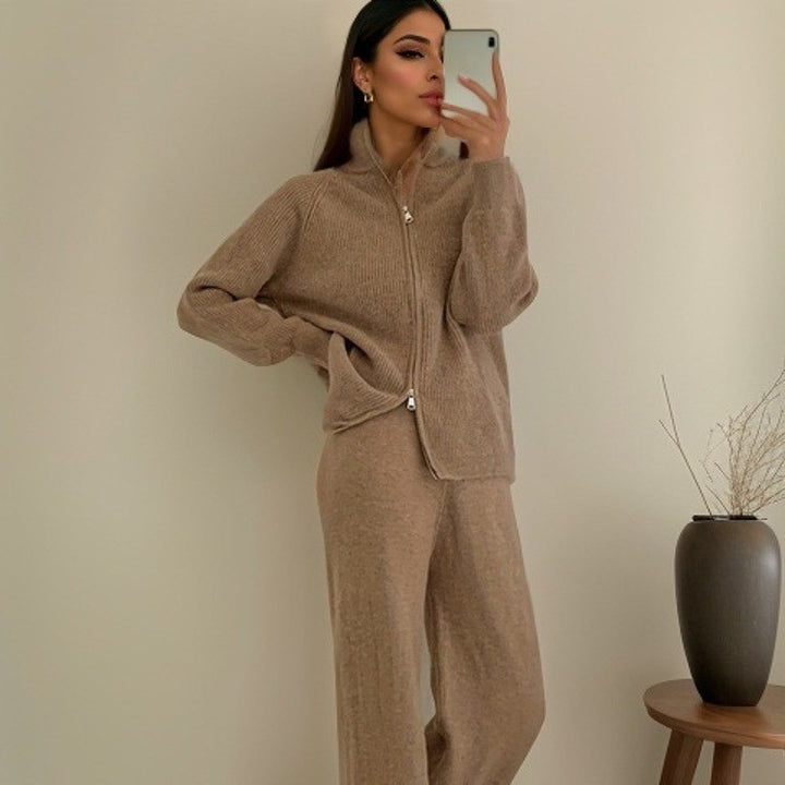 Damen Elegante Strickjacke mit Reißverschluss und passender Hose Drune