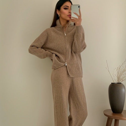Damen Elegante Strickjacke mit Reißverschluss und passender Hose Drune