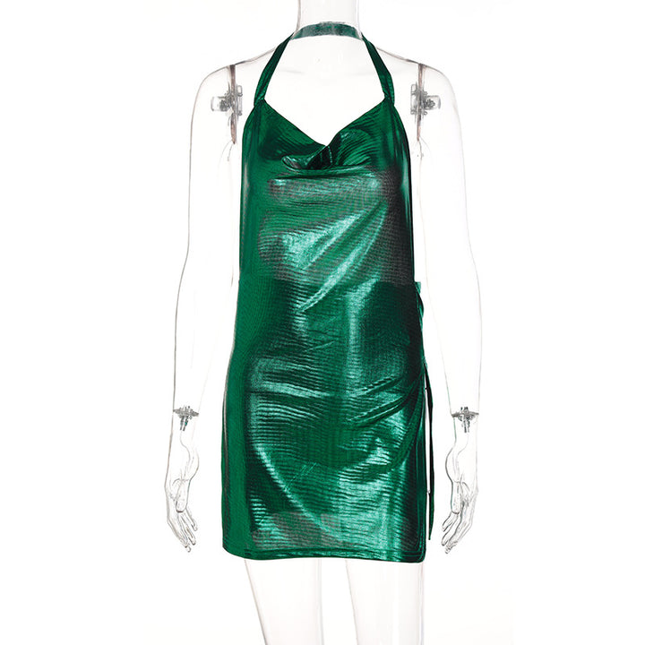 Damen glänzendes Minikleid im lässigen Chic-Stil mit Halternack Drune
