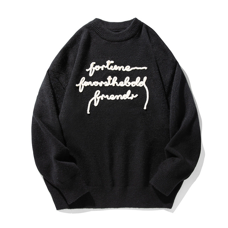 Unisex Feiner Oversize-Strickpullover mit 3D-Skriptstickerei Drune