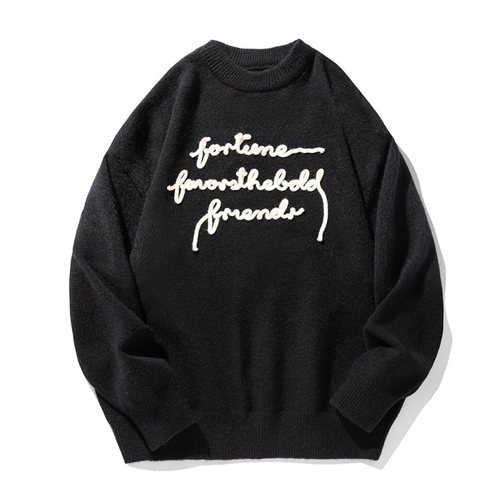Unisex Feiner Oversize-Strickpullover mit 3D-Skriptstickerei Drune