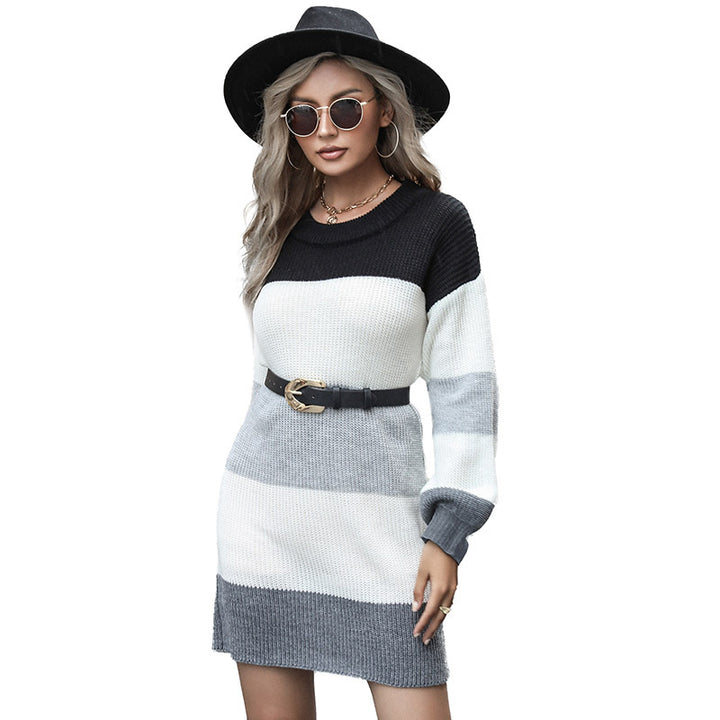 Damen gestreiftes Strick-Minikleid mit Ballonärmeln und Taillengürtel Drune
