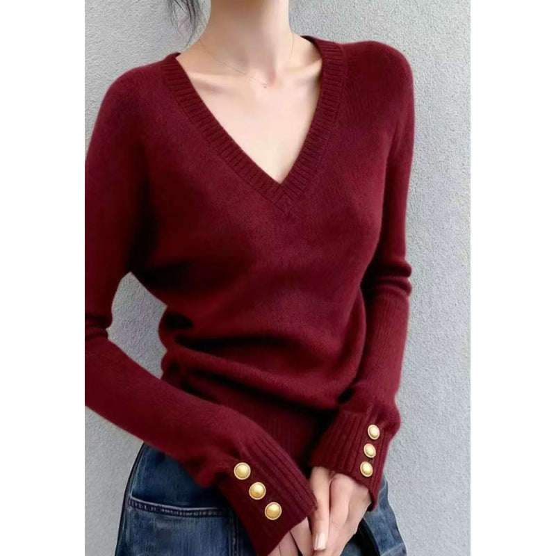 Damen feiner V-Ausschnitt Pullover mit eleganten Knopfdetails Drune
