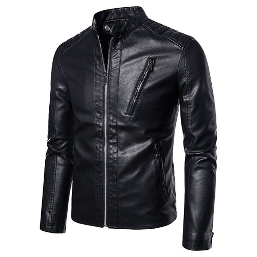 Herren Schlanke Kunstleder-Bikerjacke mit Stehkragen, Steppeinsätzen und Reißverschlusstaschen Drune