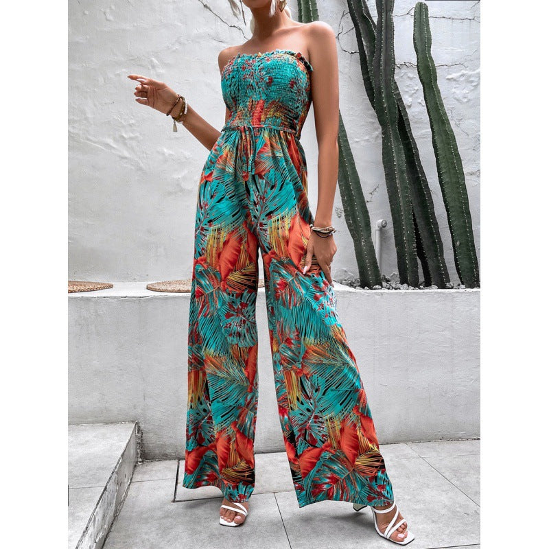 Damen Palazzo Jumpsuit mit floralen Mustern und elastischem Oberteil Drune